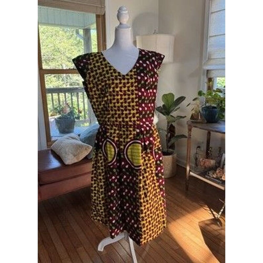 Handmade African Ankara Wax Print Dress V-Neck Geometric Mixed Pattern